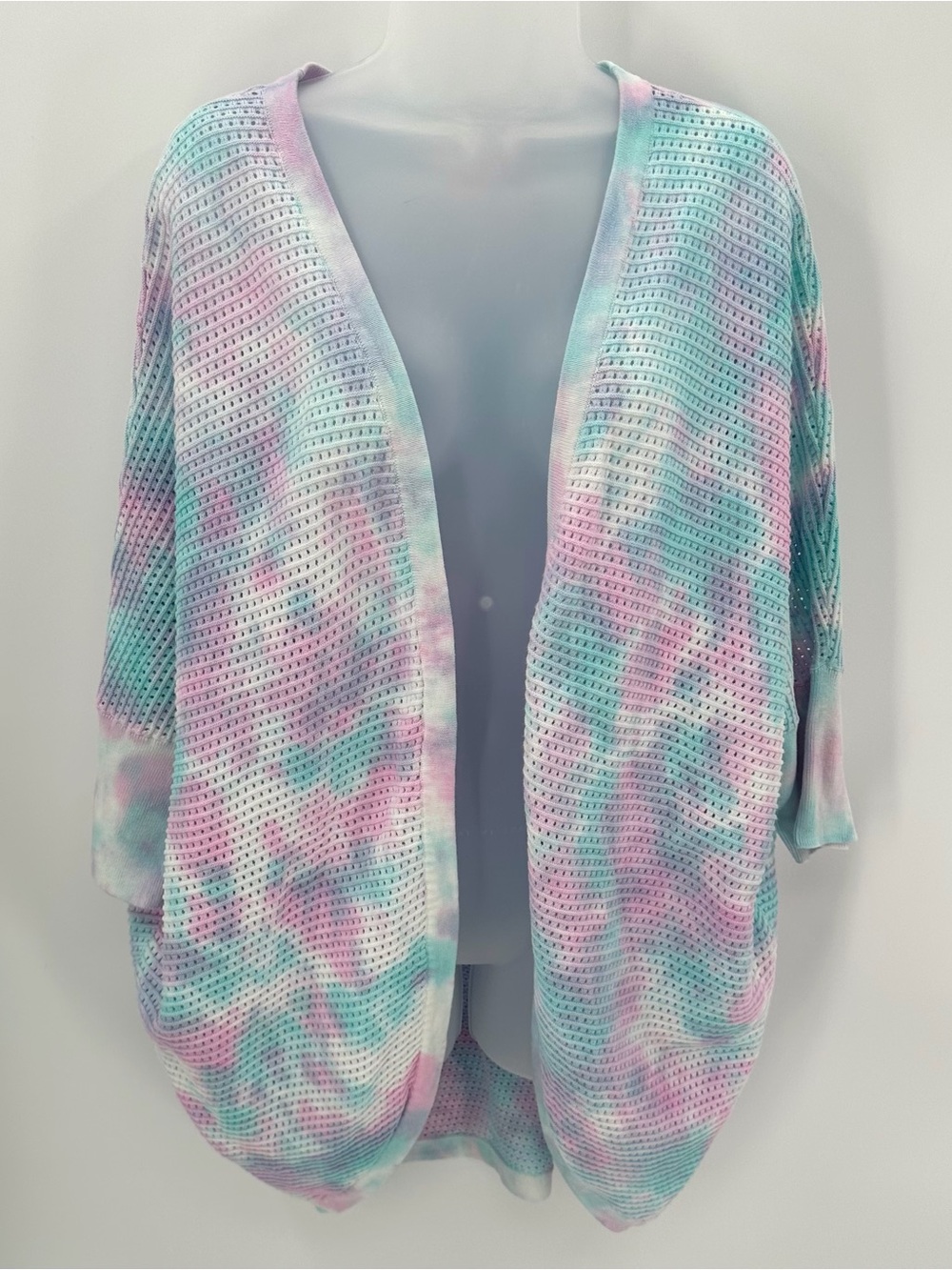 VENUS Cocoon Cardigan Womens L Open Front Cotton Knit Pink Blue Tie Dye Sweater